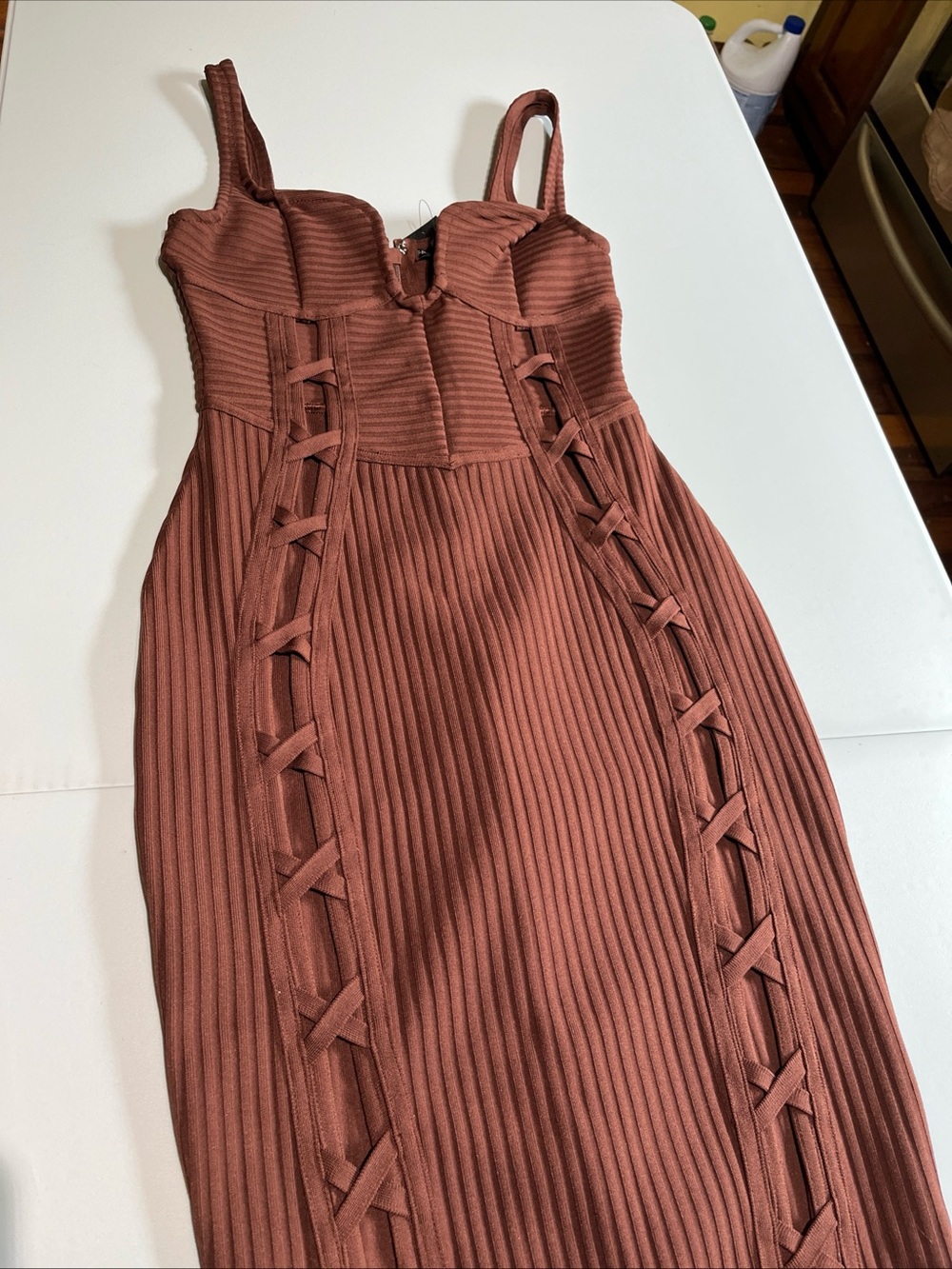 Sleeveless Lace-Up Ribbed Midi Body-con Dress in Chocolate Brown - Picture 2 of 7